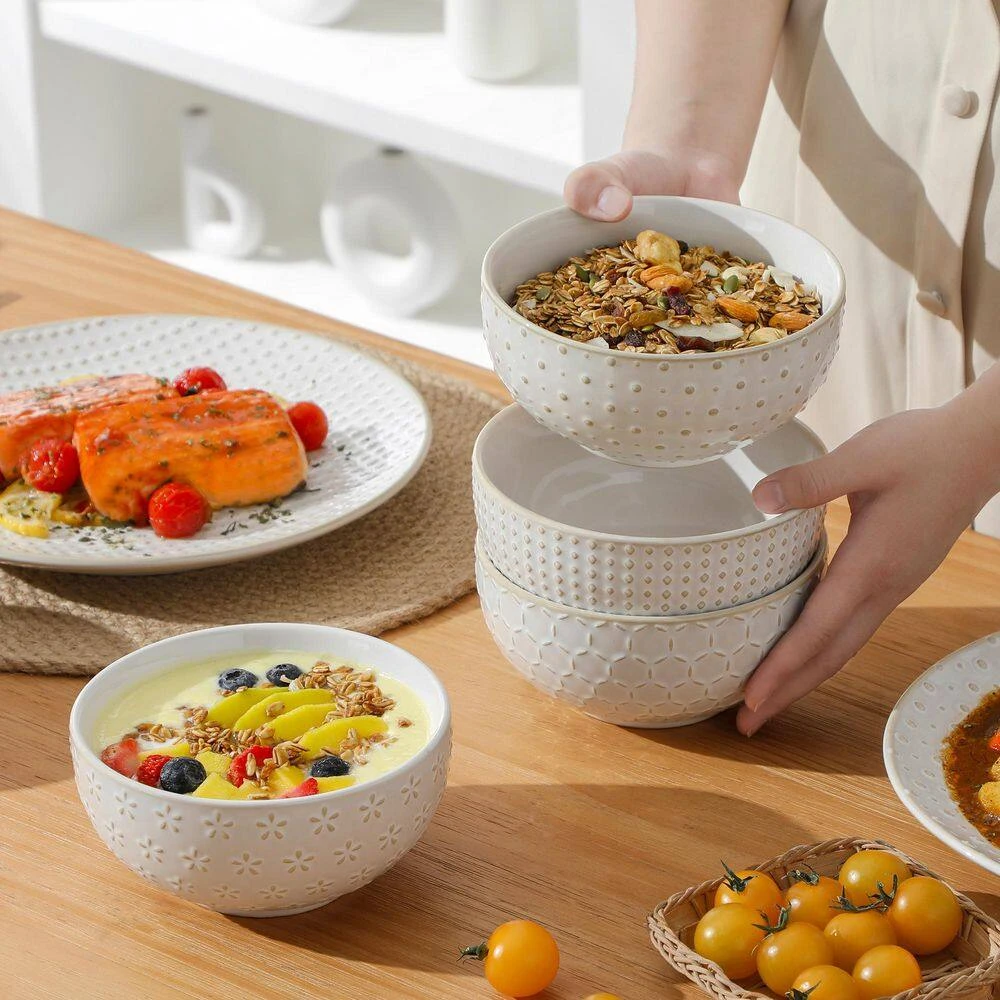 12-Piece White Stoneware Dinnerware Set Service For 4-Embossed Pattern Tableware Round Bowls And Plates Set 15 12-Piece White Stoneware Dinnerware Set Service For 4-Embossed Pattern Tableware Round Bowls And Plates Set - Image 13