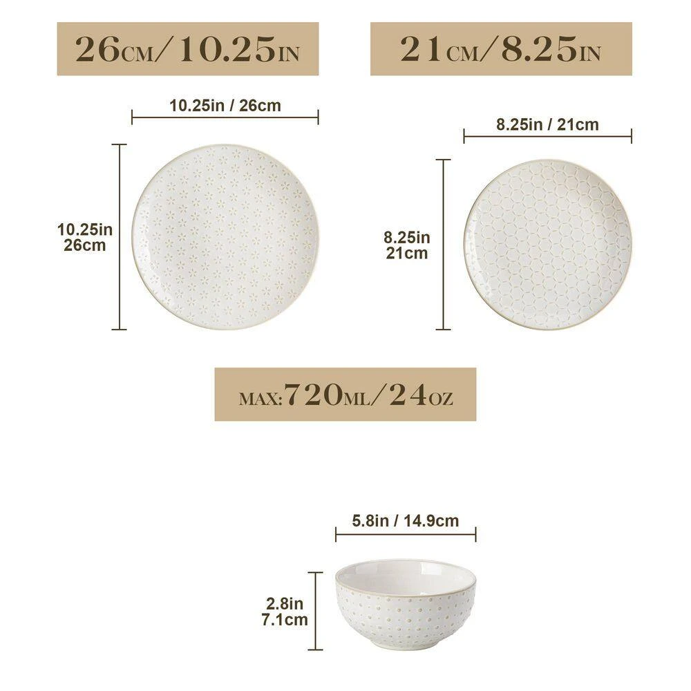 12-Piece White Stoneware Dinnerware Set Service For 4-Embossed Pattern Tableware Round Bowls And Plates Set 10 12-Piece White Stoneware Dinnerware Set Service For 4-Embossed Pattern Tableware Round Bowls And Plates Set - Image 8