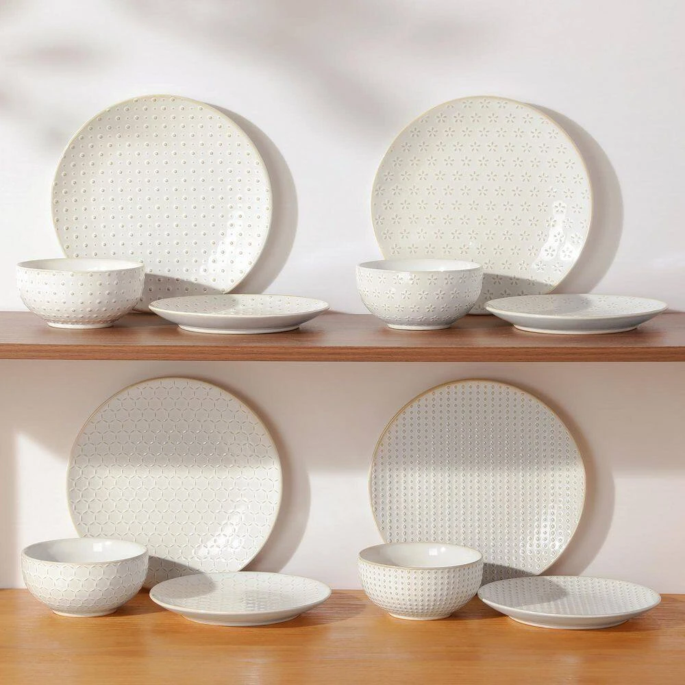 12-Piece White Stoneware Dinnerware Set Service For 4-Embossed Pattern Tableware Round Bowls And Plates Set 16 12-Piece White Stoneware Dinnerware Set Service For 4-Embossed Pattern Tableware Round Bowls And Plates Set - Image 14