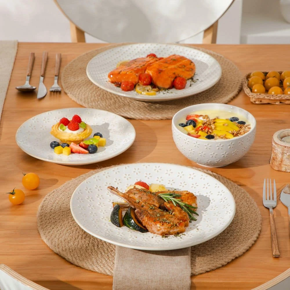 12-Piece White Stoneware Dinnerware Set Service For 4-Embossed Pattern Tableware Round Bowls And Plates Set 4 12-Piece White Stoneware Dinnerware Set Service For 4-Embossed Pattern Tableware Round Bowls And Plates Set - Image 2