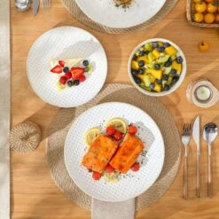 12-Piece White Stoneware Dinnerware Set Service For 4-Embossed Pattern Tableware Round Bowls And Plates Set 33 12-Piece White Stoneware Dinnerware Set Service For 4-Embossed Pattern Tableware Round Bowls And Plates Set -Vancasso Shop white vancasso dinnerware sets lydia 12 fa 1000 1