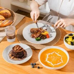 16-Piece White Stoneware Dinnerware Set Service For 4-Embossed Star-shape Floral Pattern Bowls And Plates Set -Vancasso Shop white vancasso dinnerware sets lydia sl w 01 66 1000