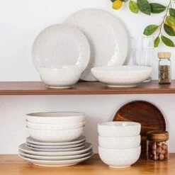 16-Piece White Stoneware Dinnerware Set Service For 4-Embossed Star-shape Floral Pattern Bowls And Plates Set -Vancasso Shop white vancasso dinnerware sets lydia sl w 01 76 1000