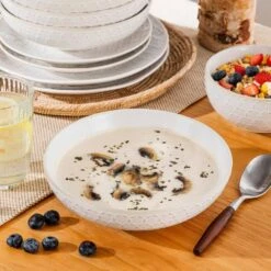 16-Piece White Stoneware Dinnerware Set Service For 4-Embossed Honeycomb Shape Pattern Tableware With Plates And Bowls -Vancasso Shop white vancasso dinnerware sets lydia sl w 02 1d 1000