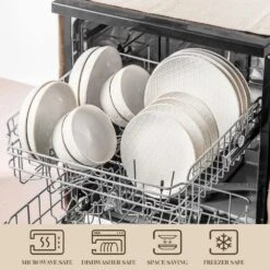 16-Piece White Stoneware Dinnerware Set Service For 4-Embossed Honeycomb Shape Pattern Tableware With Plates And Bowls -Vancasso Shop white vancasso dinnerware sets lydia sl w 02 1f 1000