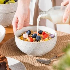 16-Piece White Stoneware Dinnerware Set Service For 4-Embossed Honeycomb Shape Pattern Tableware With Plates And Bowls -Vancasso Shop white vancasso dinnerware sets lydia sl w 02 31 1000