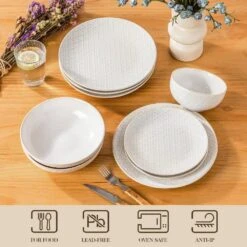 16-Piece White Stoneware Dinnerware Set Service For 4-Embossed Honeycomb Shape Pattern Tableware With Plates And Bowls -Vancasso Shop white vancasso dinnerware sets lydia sl w 02 44 1000