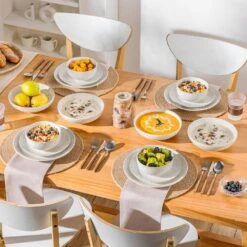 16-Piece White Stoneware Dinnerware Set Service For 4-Embossed Honeycomb Shape Pattern Tableware With Plates And Bowls -Vancasso Shop white vancasso dinnerware sets lydia sl w 02 4f 1000