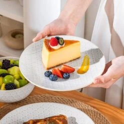 16-Piece White Stoneware Dinnerware Set Service For 4-Embossed Honeycomb Shape Pattern Tableware With Plates And Bowls -Vancasso Shop white vancasso dinnerware sets lydia sl w 02 66 1000