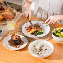 16-Piece White Stoneware Dinnerware Set Service For 4-Embossed Honeycomb Shape Pattern Tableware With Plates And Bowls -Vancasso Shop white vancasso dinnerware sets lydia sl w 02 76 1000