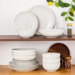 16-Piece White Stoneware Dinnerware Set Service For 4-Embossed Honeycomb Shape Pattern Tableware With Plates And Bowls -Vancasso Shop white vancasso dinnerware sets lydia sl w 02 d4 1000
