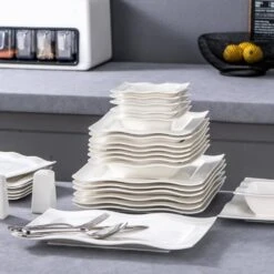 Series Mario, 28-Piece Modern Cream White Porcelain Dinnerware Set (Service For 6) -Vancasso Shop white vancasso dinnerware sets mario 28 76 1000