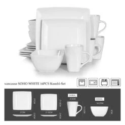 Soho 16-Piece Porcelain White Dinnerware Sets, Service For 4 -Vancasso Shop white vancasso dinnerware sets vc soho wt 77 1000