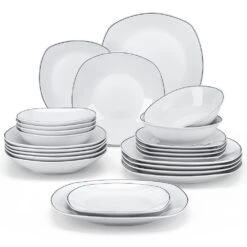24-Piece Gray-White Porcelain Dinnerware Set Service For 6 Dining Set Black Rim Dishware Bowls And Plates Set