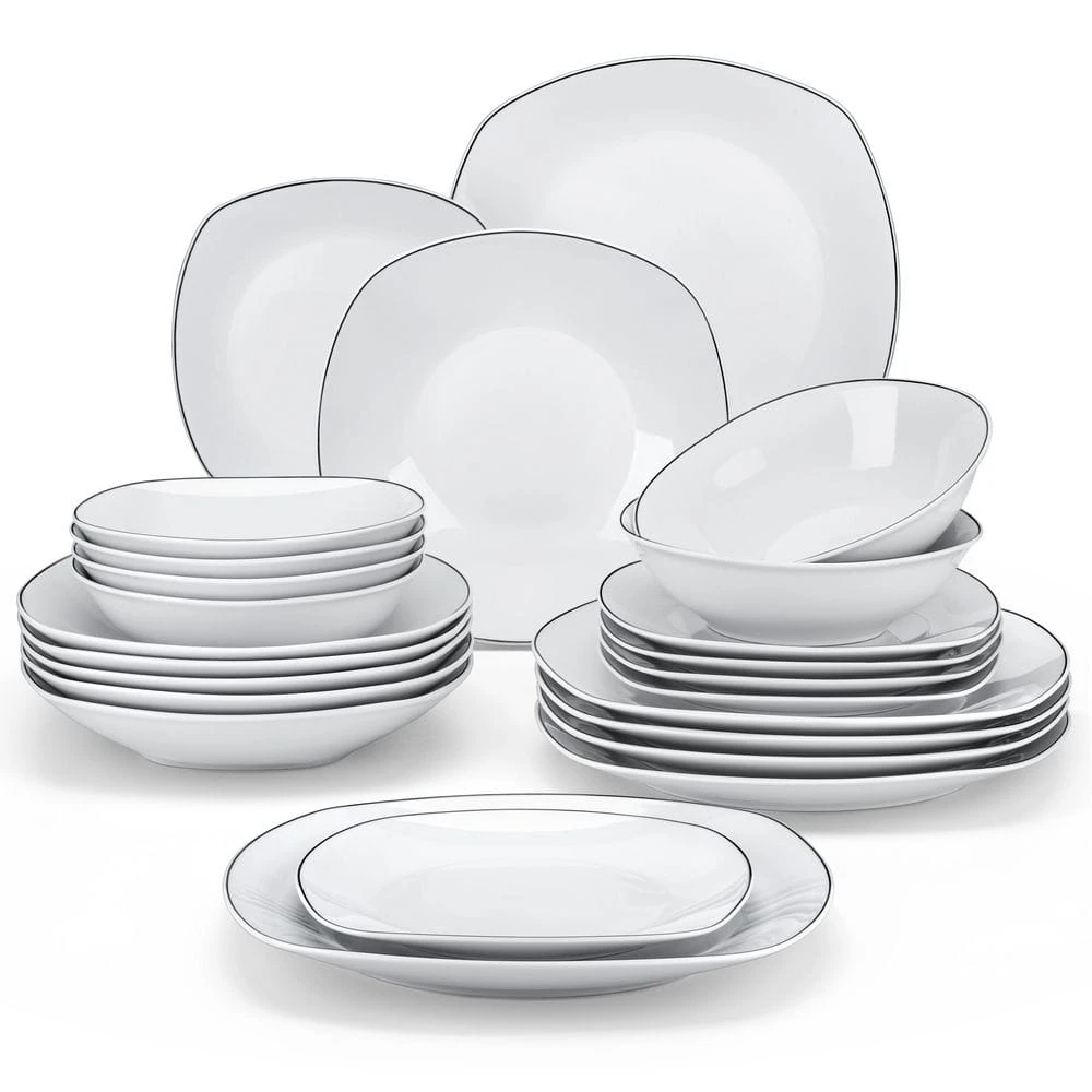 24-Piece Gray-White Porcelain Dinnerware Set Service For 6 Dining Set Black Rim Dishware Bowls And Plates Set 3 24-Piece Gray-White Porcelain Dinnerware Set Service For 6 Dining Set Black Rim Dishware Bowls And Plates Set