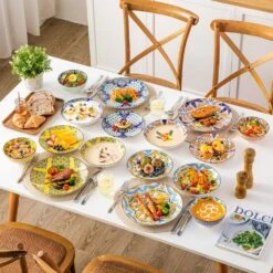 16-Piece White Porcelain Dinnerware Set Service For 4 Jasmine Patterns Bowls And Plates Set With Pasta Bowls -Vancasso Shop white with color pattern vancasso dinnerware sets vc jasmin 16t 44 1000