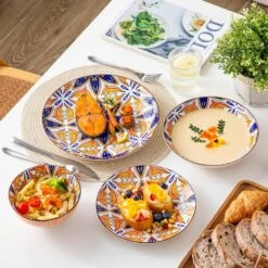 16-Piece White Porcelain Dinnerware Set Service For 4 Jasmine Patterns Bowls And Plates Set With Pasta Bowls -Vancasso Shop white with color pattern vancasso dinnerware sets vc jasmin 16t 66 1000