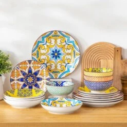 16-Piece White Porcelain Dinnerware Set Service For 4 Jasmine Patterns Bowls And Plates Set With Pasta Bowls -Vancasso Shop white with color pattern vancasso dinnerware sets vc jasmin 16t 76 1000