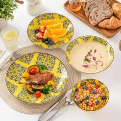 16-Piece White Porcelain Dinnerware Set Service For 4 Jasmine Patterns Bowls And Plates Set With Pasta Bowls -Vancasso Shop white with color pattern vancasso dinnerware sets vc jasmin 16t d4 1000