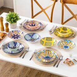 16-Piece White Porcelain Dinnerware Set Service For 4 Jasmine Patterns Bowls And Plates Set With Pasta Bowls -Vancasso Shop white with color pattern vancasso dinnerware sets vc jasmin 16t fa 1000