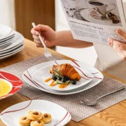 18-Piece White Porcelain Dinnerware Set Service For 6 Red Stripes Plate Set Kitchen Plates Tableware Dining Set -Vancasso Shop white with red stripes vancasso dinnerware sets felisa 18 1f 1000