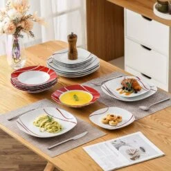 18-Piece White Porcelain Dinnerware Set Service For 6 Red Stripes Plate Set Kitchen Plates Tableware Dining Set -Vancasso Shop white with red stripes vancasso dinnerware sets felisa 18 31 1000