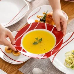 18-Piece White Porcelain Dinnerware Set Service For 6 Red Stripes Plate Set Kitchen Plates Tableware Dining Set -Vancasso Shop white with red stripes vancasso dinnerware sets felisa 18 44 1000