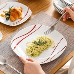 18-Piece White Porcelain Dinnerware Set Service For 6 Red Stripes Plate Set Kitchen Plates Tableware Dining Set -Vancasso Shop white with red stripes vancasso dinnerware sets felisa 18 4f 1000