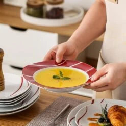 18-Piece White Porcelain Dinnerware Set Service For 6 Red Stripes Plate Set Kitchen Plates Tableware Dining Set -Vancasso Shop white with red stripes vancasso dinnerware sets felisa 18 76 1000