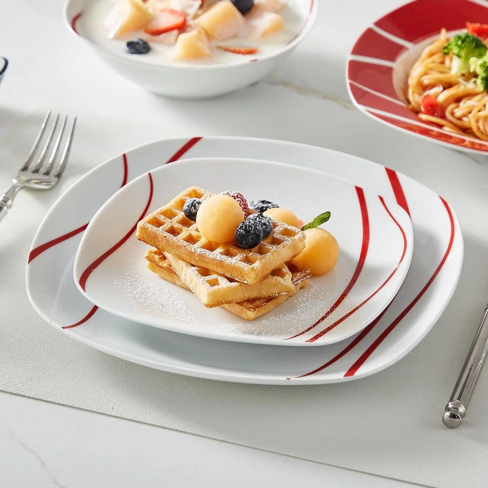 24-Piece White Porcelain Dinnerware Set (Service For 6) Red Stripes Bowls And Plates Set Tableware Dishware Set 5 24-Piece White Porcelain Dinnerware Set (Service For 6) Red Stripes Bowls And Plates Set Tableware Dishware Set - Image 3