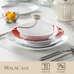 24-Piece White Porcelain Dinnerware Set (Service For 6) Red Stripes Bowls And Plates Set Tableware Dishware Set 20 24-Piece White Porcelain Dinnerware Set (Service For 6) Red Stripes Bowls And Plates Set Tableware Dishware Set -Vancasso Shop white with red stripes vancasso dinnerware sets felisa 24 1f 1000