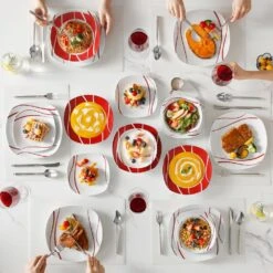 24-Piece White Porcelain Dinnerware Set (Service For 6) Red Stripes Bowls And Plates Set Tableware Dishware Set 25 24-Piece White Porcelain Dinnerware Set (Service For 6) Red Stripes Bowls And Plates Set Tableware Dishware Set -Vancasso Shop white with red stripes vancasso dinnerware sets felisa 24 31 1000