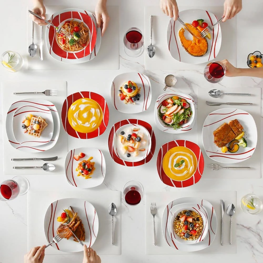 24-Piece White Porcelain Dinnerware Set (Service For 6) Red Stripes Bowls And Plates Set Tableware Dishware Set 14 24-Piece White Porcelain Dinnerware Set (Service For 6) Red Stripes Bowls And Plates Set Tableware Dishware Set - Image 12
