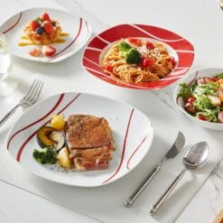 24-Piece White Porcelain Dinnerware Set (Service For 6) Red Stripes Bowls And Plates Set Tableware Dishware Set 21 24-Piece White Porcelain Dinnerware Set (Service For 6) Red Stripes Bowls And Plates Set Tableware Dishware Set -Vancasso Shop white with red stripes vancasso dinnerware sets felisa 24 44 1000