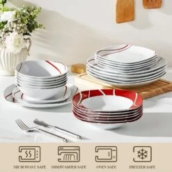24-Piece White Porcelain Dinnerware Set (Service For 6) Red Stripes Bowls And Plates Set Tableware Dishware Set 19 24-Piece White Porcelain Dinnerware Set (Service For 6) Red Stripes Bowls And Plates Set Tableware Dishware Set -Vancasso Shop white with red stripes vancasso dinnerware sets felisa 24 4f 1000