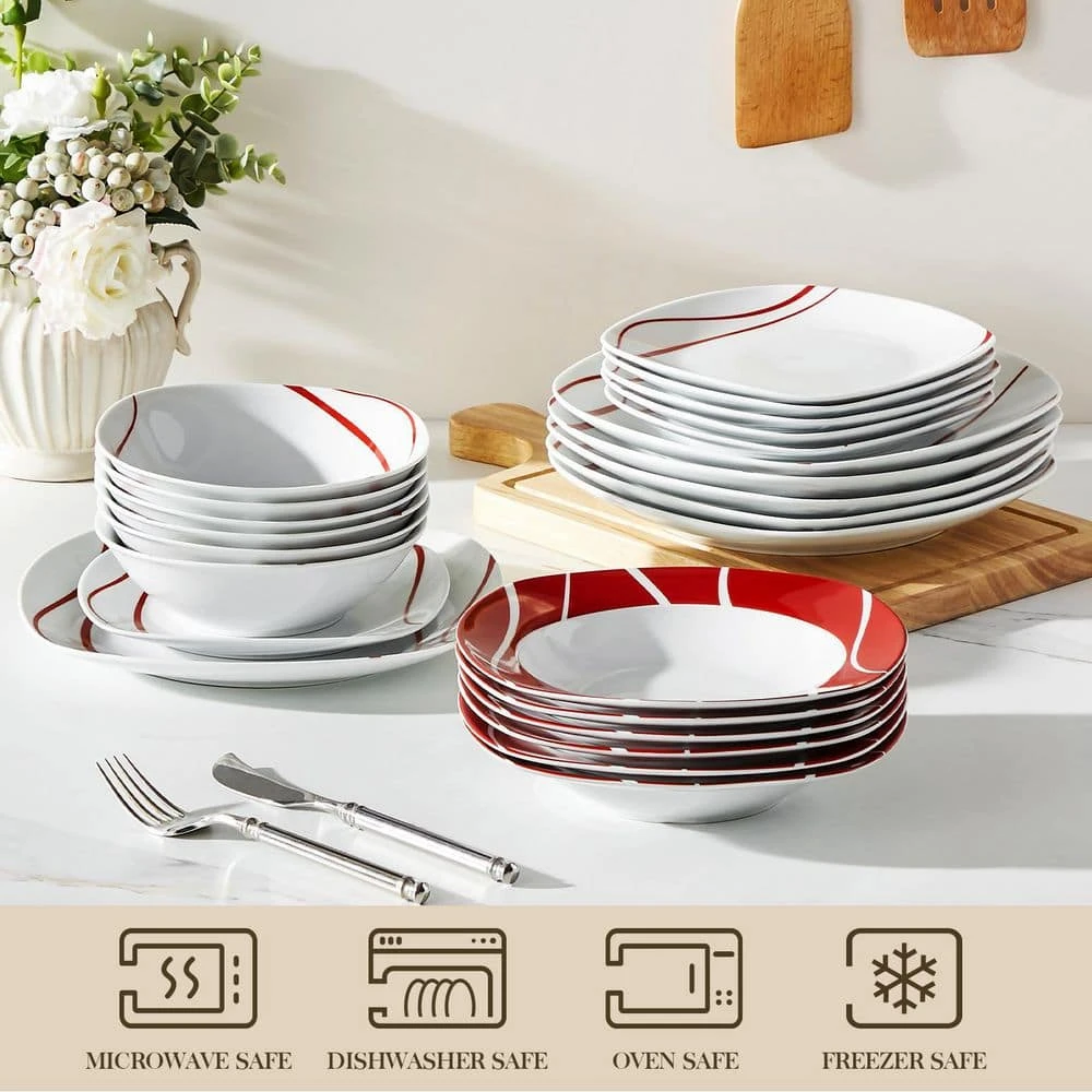 24-Piece White Porcelain Dinnerware Set (Service For 6) Red Stripes Bowls And Plates Set Tableware Dishware Set 8 24-Piece White Porcelain Dinnerware Set (Service For 6) Red Stripes Bowls And Plates Set Tableware Dishware Set - Image 6
