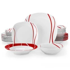 24-Piece White Porcelain Dinnerware Set (Service For 6) Red Stripes Bowls And Plates Set Tableware Dishware Set