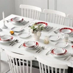 24-Piece White Porcelain Dinnerware Set (Service For 6) Red Stripes Bowls And Plates Set Tableware Dishware Set 17 24-Piece White Porcelain Dinnerware Set (Service For 6) Red Stripes Bowls And Plates Set Tableware Dishware Set -Vancasso Shop white with red stripes vancasso dinnerware sets felisa 24 66 1000