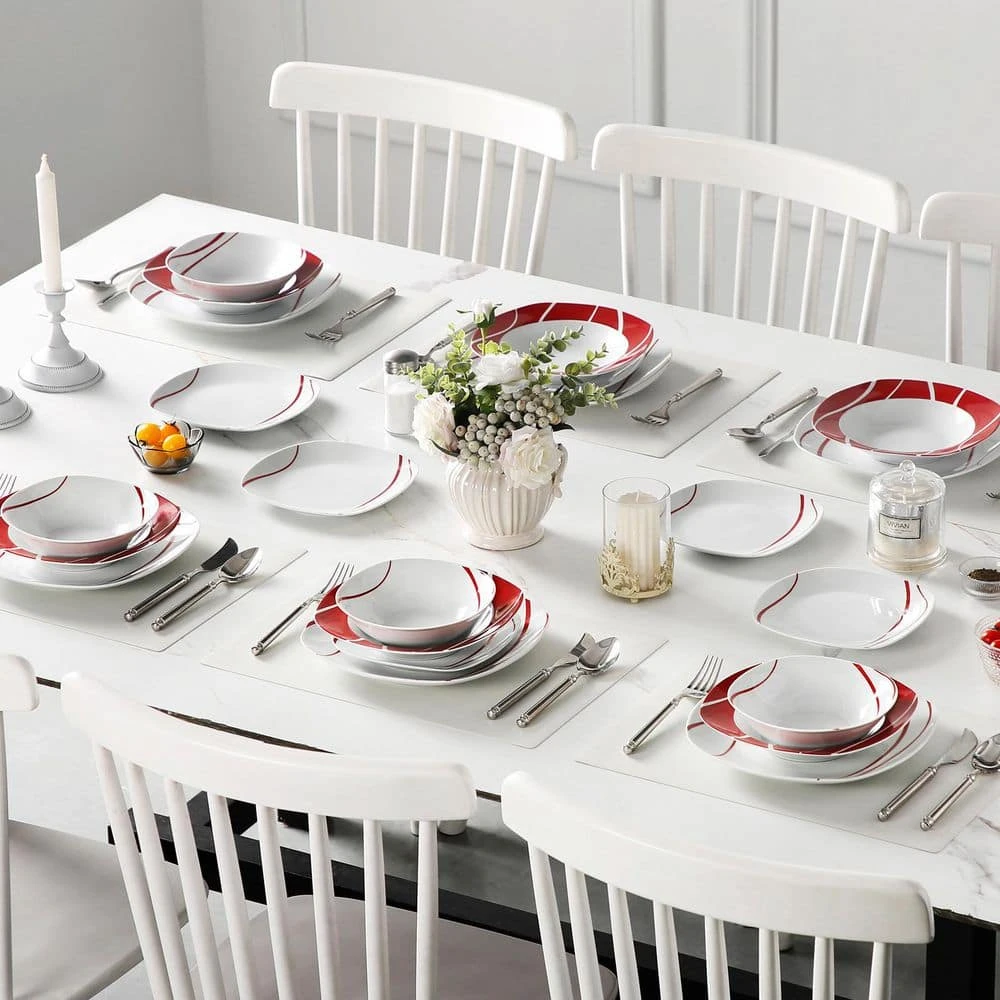 24-Piece White Porcelain Dinnerware Set (Service For 6) Red Stripes Bowls And Plates Set Tableware Dishware Set 6 24-Piece White Porcelain Dinnerware Set (Service For 6) Red Stripes Bowls And Plates Set Tableware Dishware Set - Image 4
