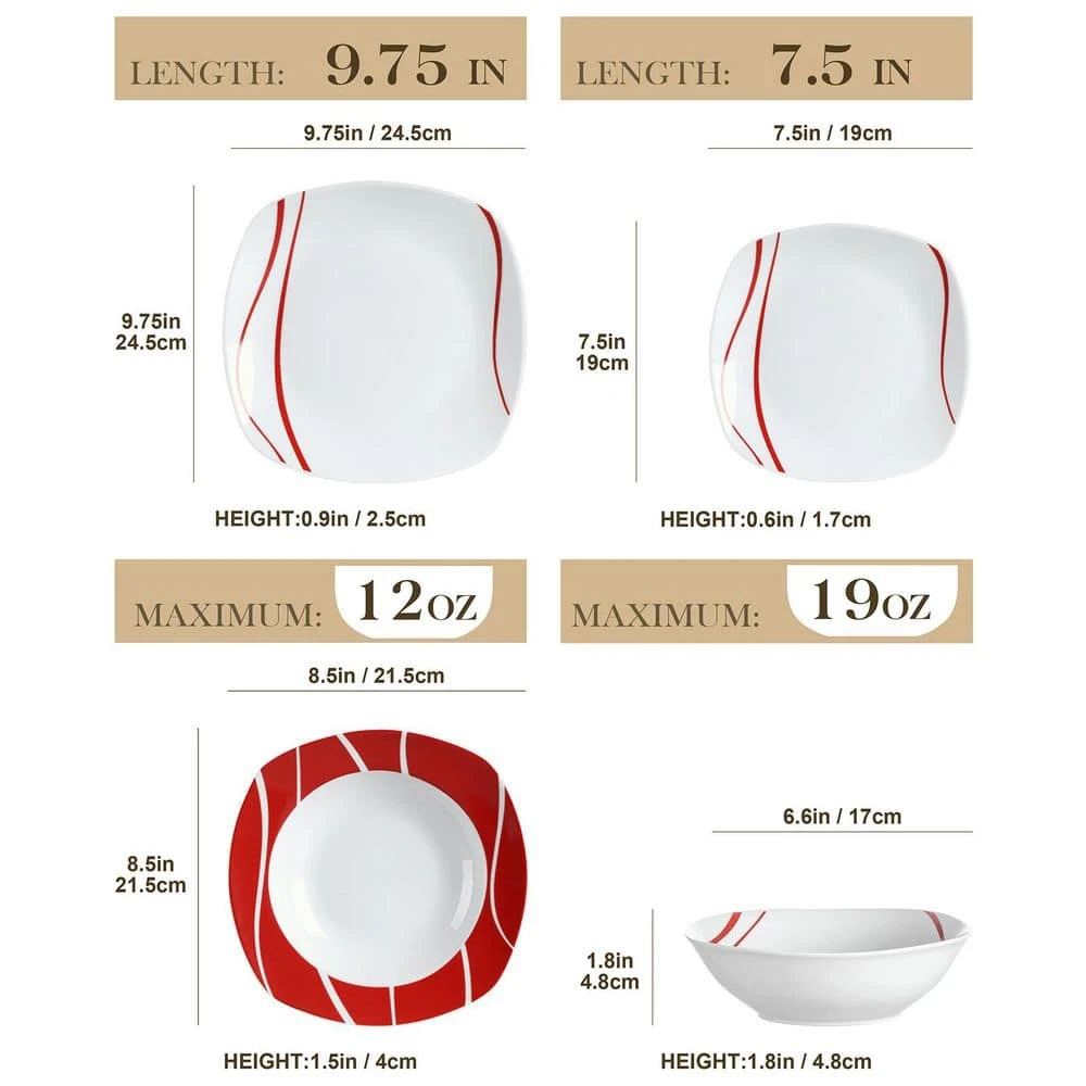 24-Piece White Porcelain Dinnerware Set (Service For 6) Red Stripes Bowls And Plates Set Tableware Dishware Set 7 24-Piece White Porcelain Dinnerware Set (Service For 6) Red Stripes Bowls And Plates Set Tableware Dishware Set - Image 5