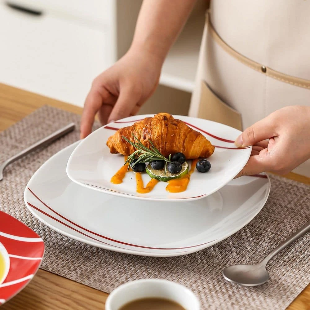 30-Piece White Porcelain Dinnerware Set (Service For 6) Red Stripes Tableware With Plates Cups And Saucers 6 30-Piece White Porcelain Dinnerware Set (Service For 6) Red Stripes Tableware With Plates Cups And Saucers - Image 4