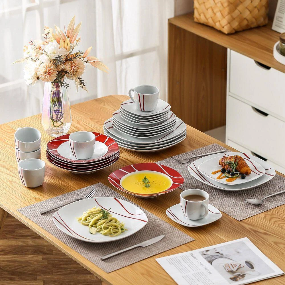 30-Piece White Porcelain Dinnerware Set (Service For 6) Red Stripes Tableware With Plates Cups And Saucers 10 30-Piece White Porcelain Dinnerware Set (Service For 6) Red Stripes Tableware With Plates Cups And Saucers - Image 8