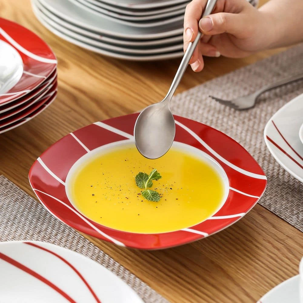 30-Piece White Porcelain Dinnerware Set (Service For 6) Red Stripes Tableware With Plates Cups And Saucers 7 30-Piece White Porcelain Dinnerware Set (Service For 6) Red Stripes Tableware With Plates Cups And Saucers - Image 5