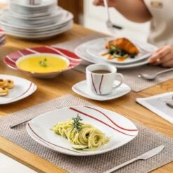 30-Piece White Porcelain Dinnerware Set (Service For 6) Red Stripes Tableware With Plates Cups And Saucers 12 30-Piece White Porcelain Dinnerware Set (Service For 6) Red Stripes Tableware With Plates Cups And Saucers -Vancasso Shop white with red stripes vancasso dinnerware sets felisa 30 4f 1000