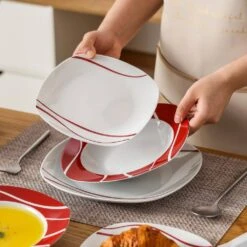 30-Piece White Porcelain Dinnerware Set (Service For 6) Red Stripes Tableware With Plates Cups And Saucers 16 30-Piece White Porcelain Dinnerware Set (Service For 6) Red Stripes Tableware With Plates Cups And Saucers -Vancasso Shop white with red stripes vancasso dinnerware sets felisa 30 76 1000