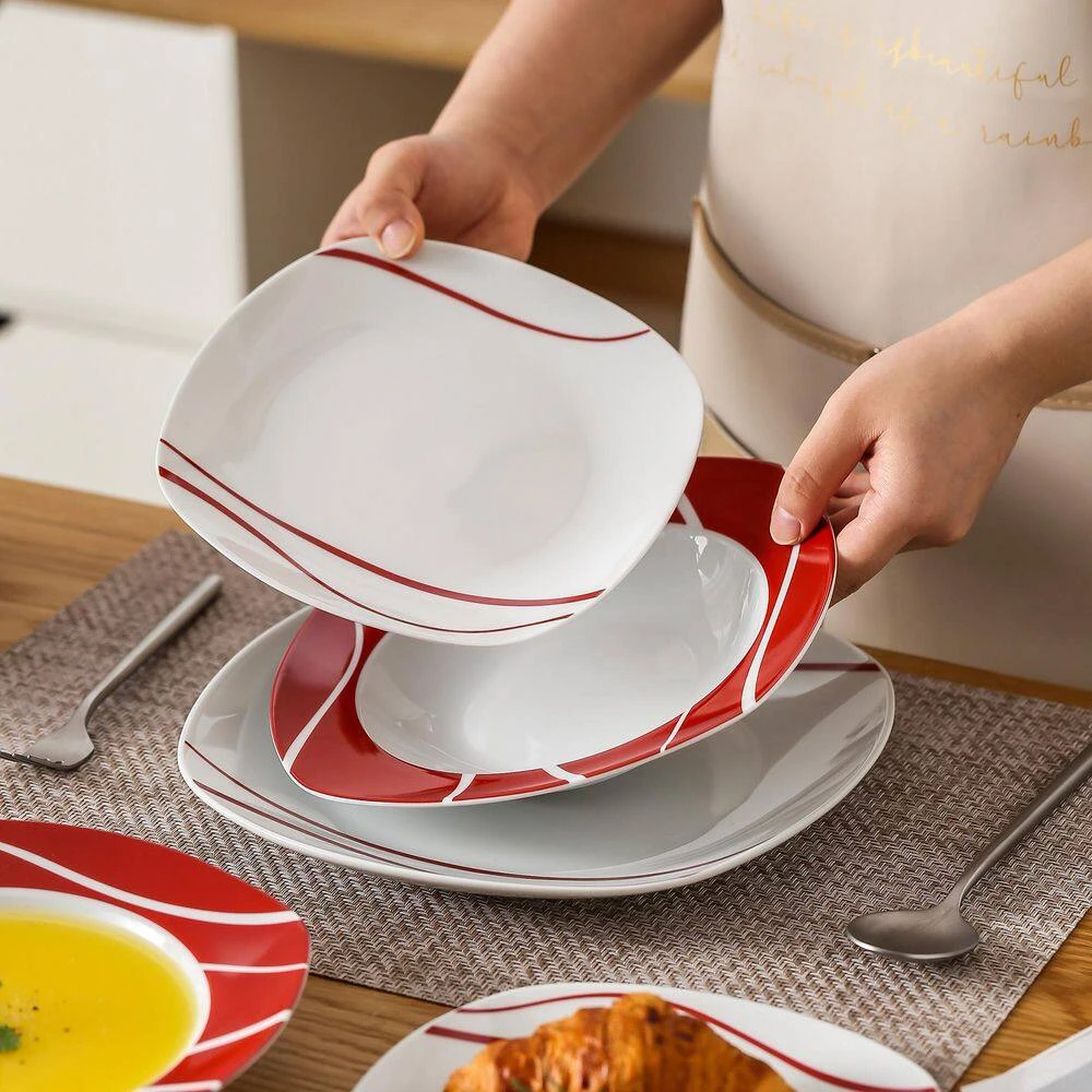30-Piece White Porcelain Dinnerware Set (Service For 6) Red Stripes Tableware With Plates Cups And Saucers 9 30-Piece White Porcelain Dinnerware Set (Service For 6) Red Stripes Tableware With Plates Cups And Saucers - Image 7