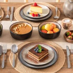 Series Amber 12-Piece Yellow And Black Stoneware Dinnerware Set Service For 4 Bowls And Plates Dining Set Tableware -Vancasso Shop yellow and black vancasso dinnerware sets vc amber y 12 31 1000