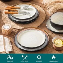 Series Amber 12-Piece Yellow And Black Stoneware Dinnerware Set Service For 4 Bowls And Plates Dining Set Tableware -Vancasso Shop yellow and black vancasso dinnerware sets vc amber y 12 4f 1000