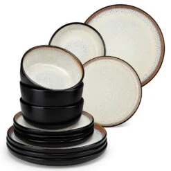 Series Amber 12-Piece Yellow And Black Stoneware Dinnerware Set Service For 4 Bowls And Plates Dining Set Tableware
