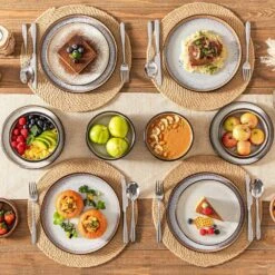 Series Amber 12-Piece Yellow And Black Stoneware Dinnerware Set Service For 4 Bowls And Plates Dining Set Tableware -Vancasso Shop yellow and black vancasso dinnerware sets vc amber y 12 a0 1000